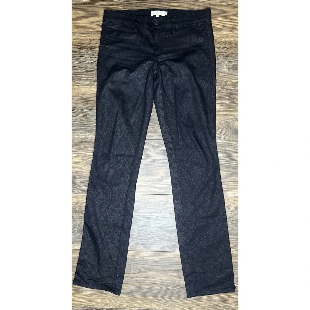 Tory Burch Black Damask Skinny Pants Womens 26 Coated Jacquard Mid Rise‎ 30 In